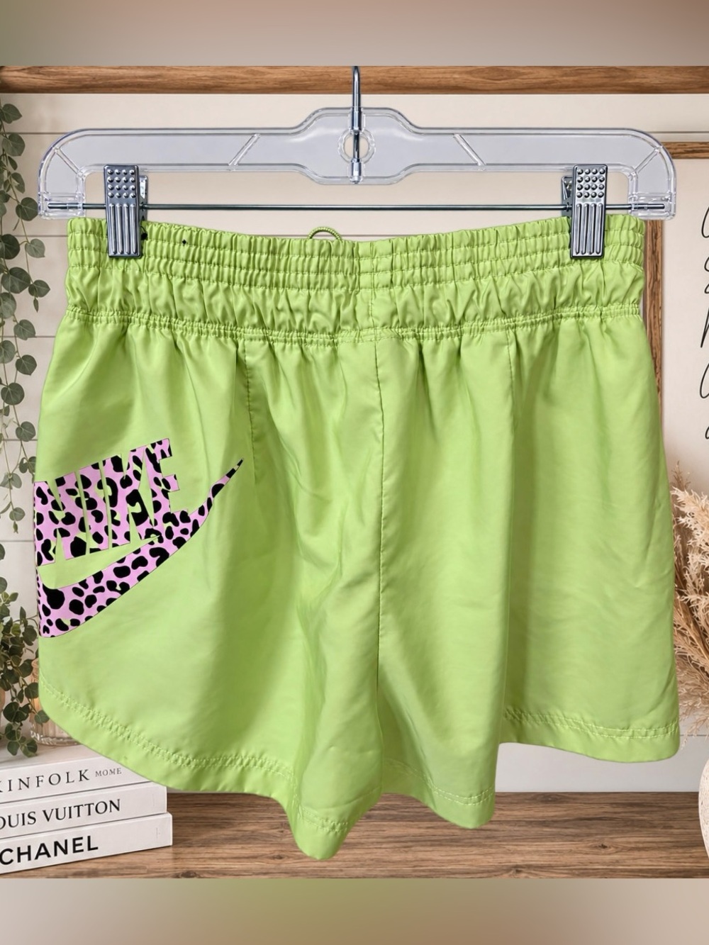 Nike Women's Lime Green Athletic Shorts with Pink Leopard Swoosh
